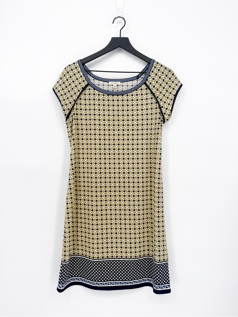 Max Studio Geometric Print Shift Dress Cap Sleeve Stretch Yellow Navy Large